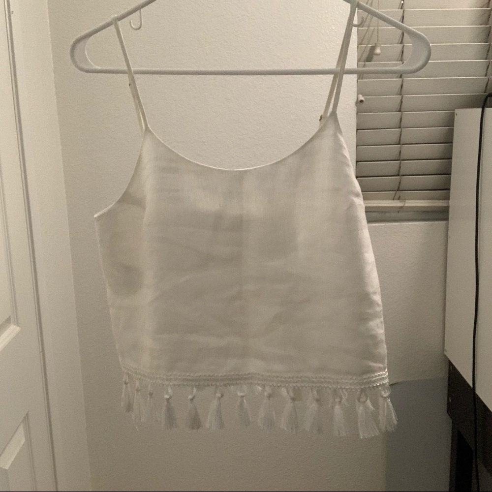 Club Monaco White Linen Tassel Pom Pom Trim Tank